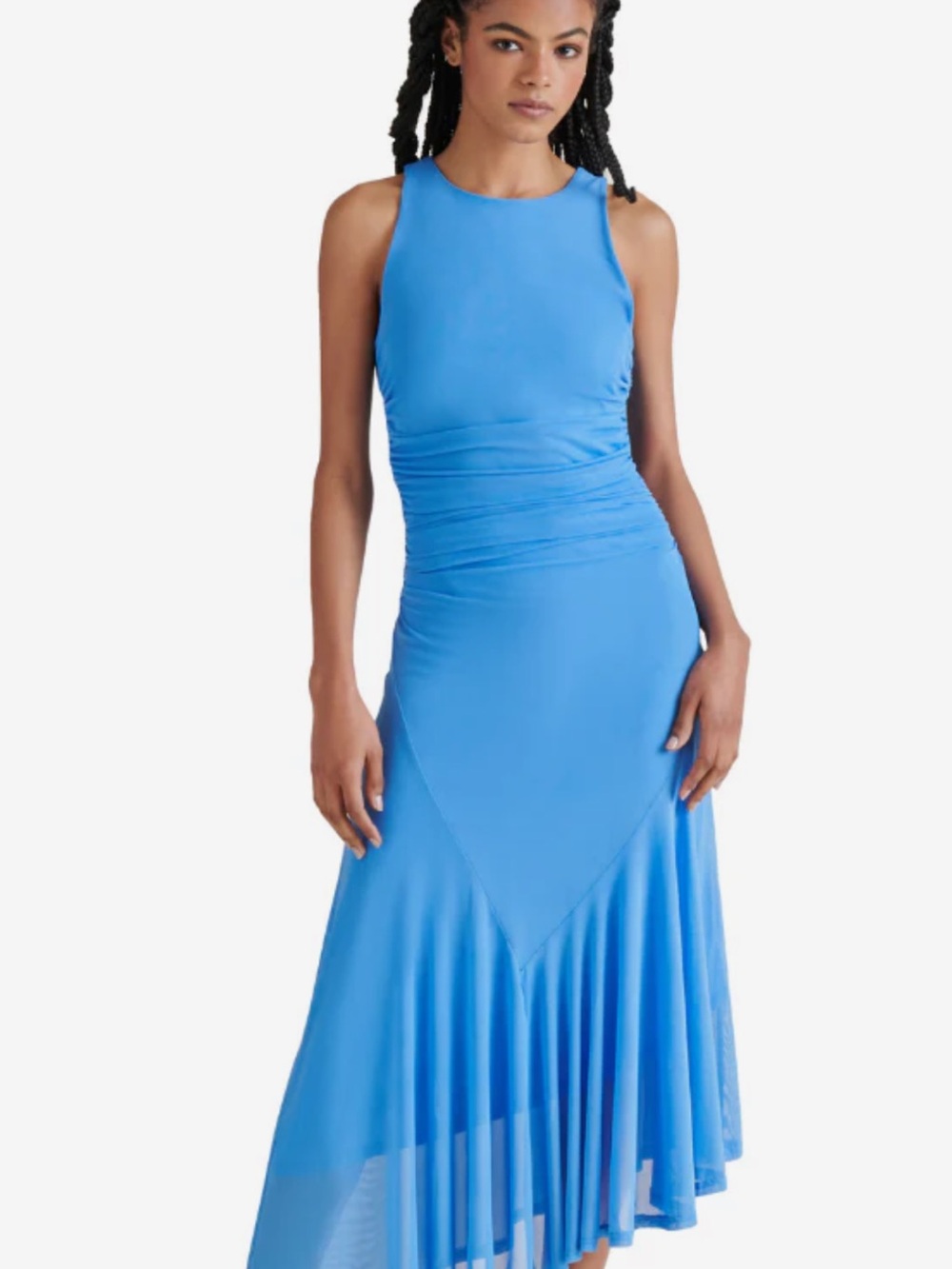 Steve Madden - Laney Dress - Bright Blue Asymmetrical Ruched Midi Dress